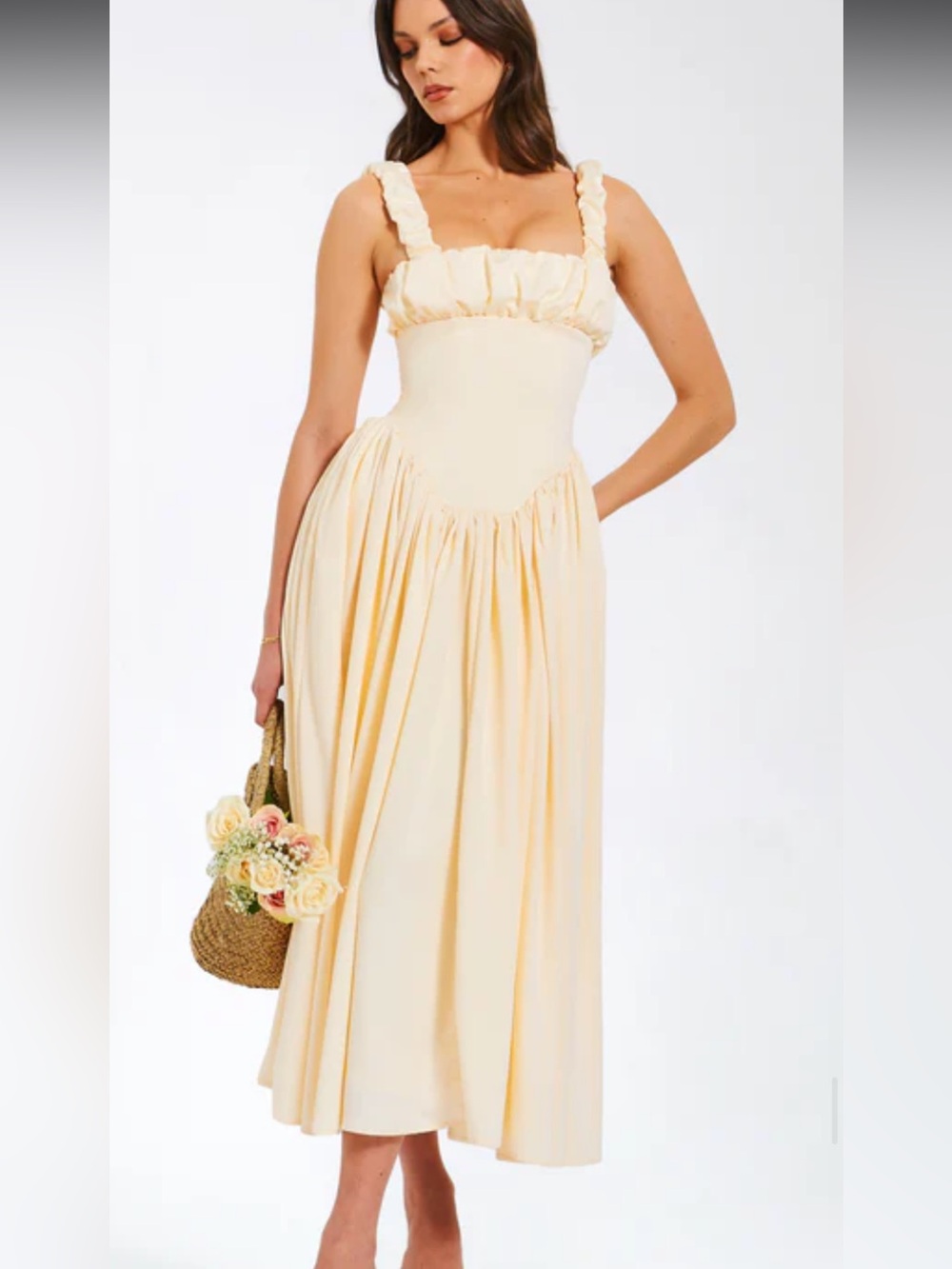 Miss Circle Elegant Cream Ruffled-Bust Maxi Dress